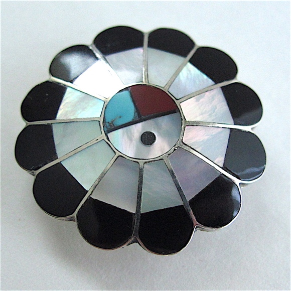 Sterling Silver Zuni SunFace Medallion Pendant Pin - Picture 4 of 8